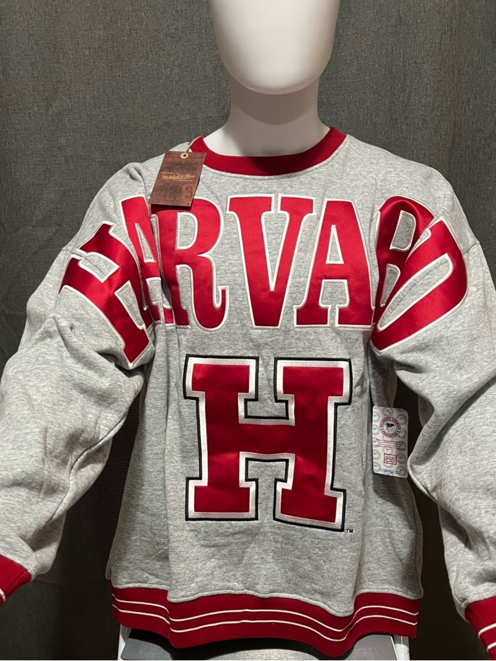 Mitchell & Ness Grey Crewneck Sweatshirt with Crimson Harvard Logo